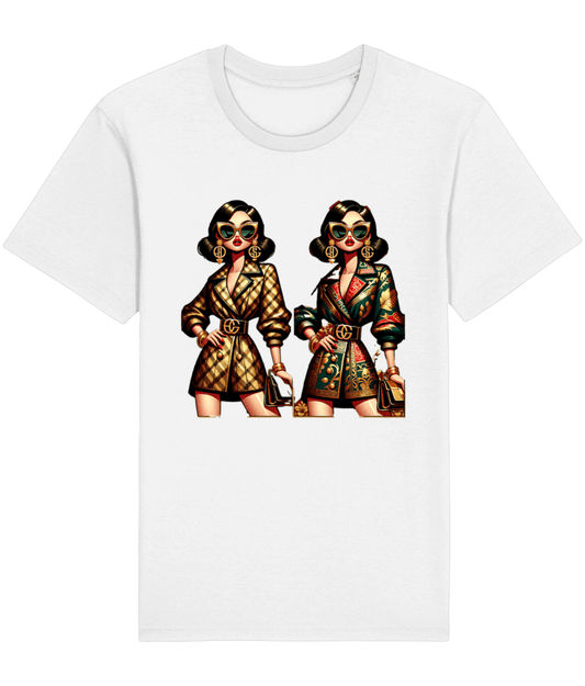 white t-shirt with two fashionable women