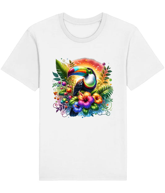 white t-shirt with a floral toucan