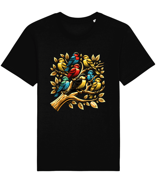 black t-shirt with birds