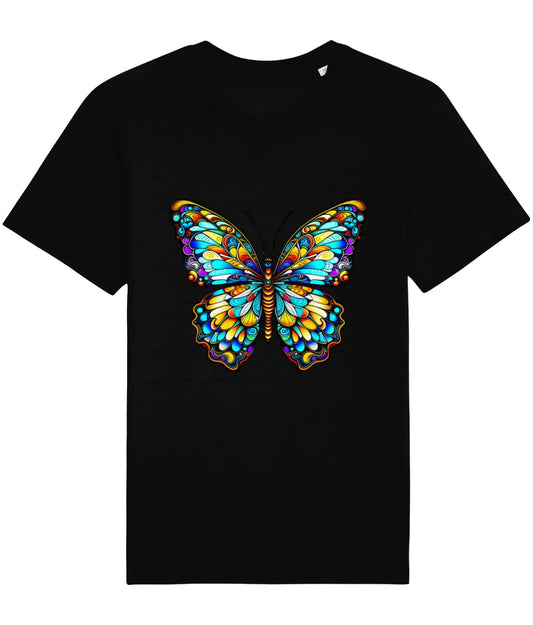 black t-shirt with a kaleidoscope butterfly