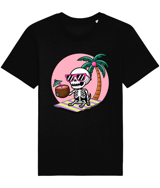 black t-shirt with a skeleton on a beach