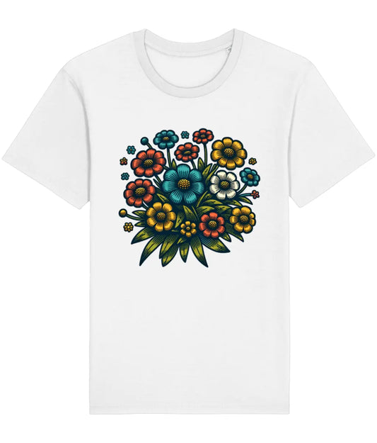 white t-shirt with retro flowers