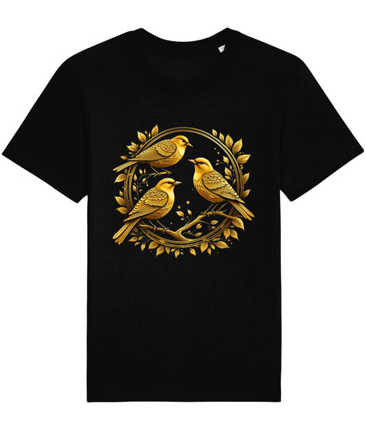 black t-shirt with 3 golden birds