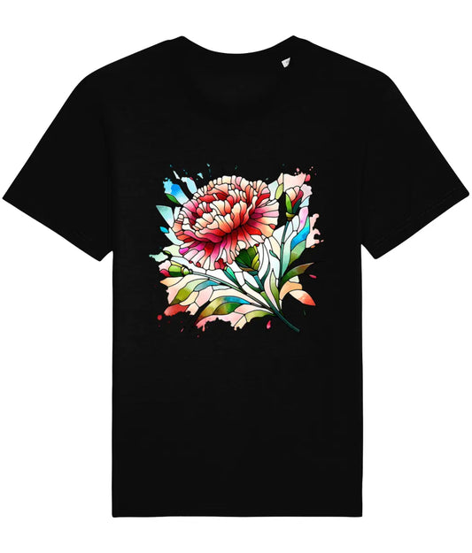 black t-shirt with stained glass style floral blossom