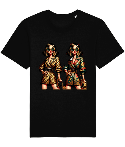 black t-shirt with two fashionable women