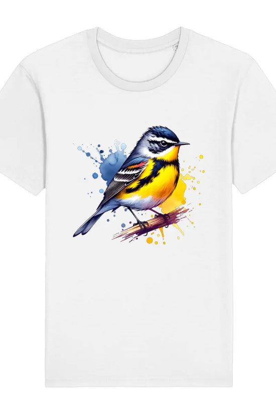 white t-shirt with a colorful bird