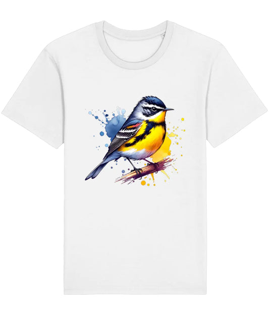 white t-shirt with a colorful bird