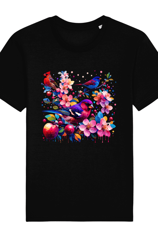 black t-shirt with a colorful serenade of birds