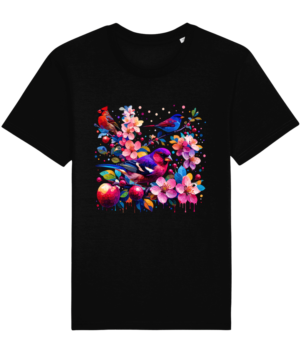black t-shirt with a colorful serenade of birds