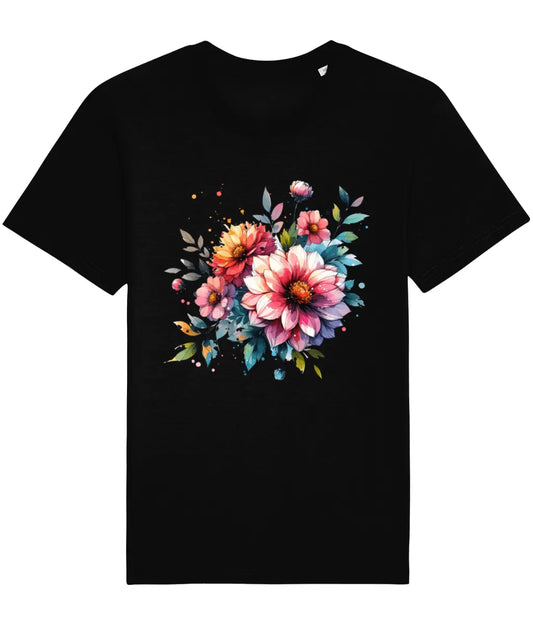 black t-shirt with petal flowers