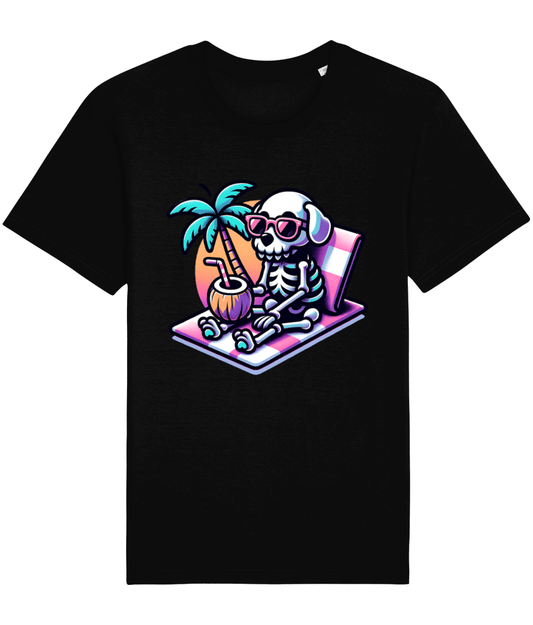 black t-shirt with a skeleton dog on a beach