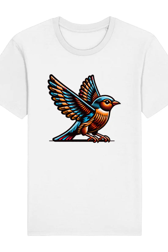 white t-shirt with a prismatic bird