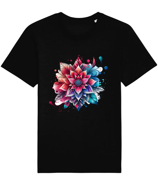 black t-shirt with a mandala bloom flower