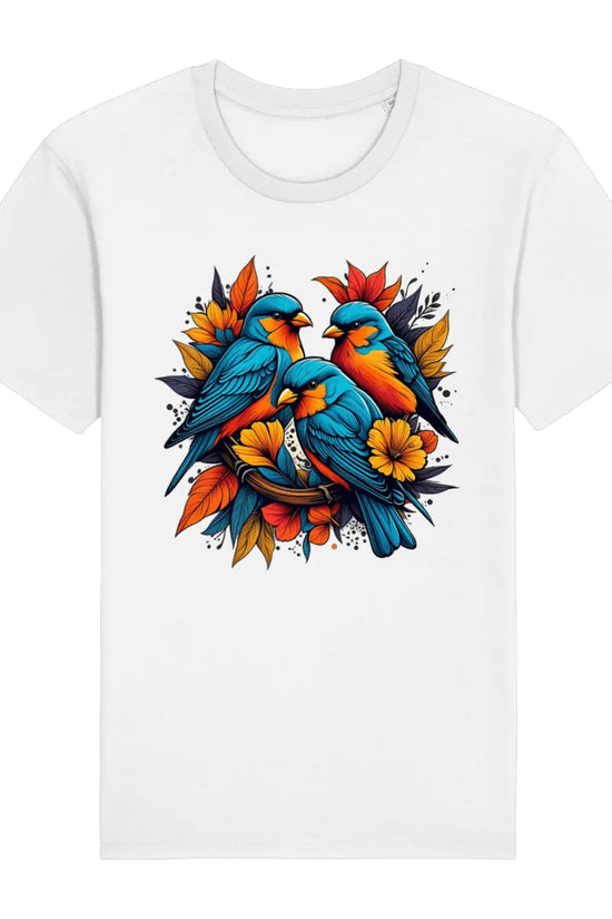 white t-shirt with 3 birds