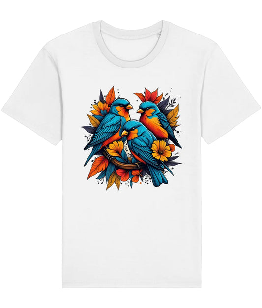 white t-shirt with 3 birds
