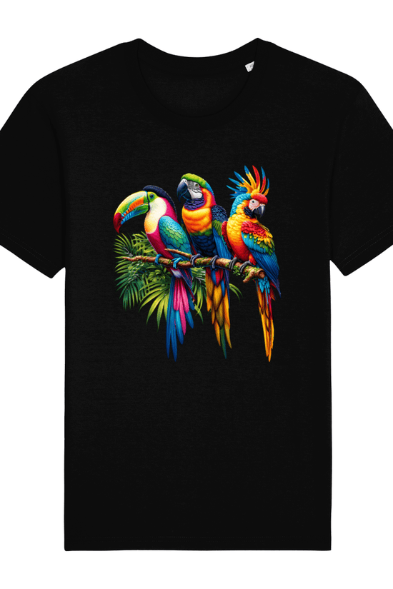 black t-shirt with 3 tropical birds