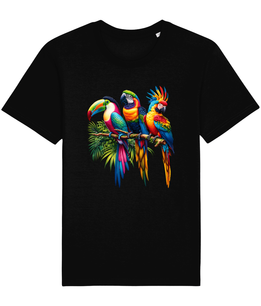 black t-shirt with 3 tropical birds
