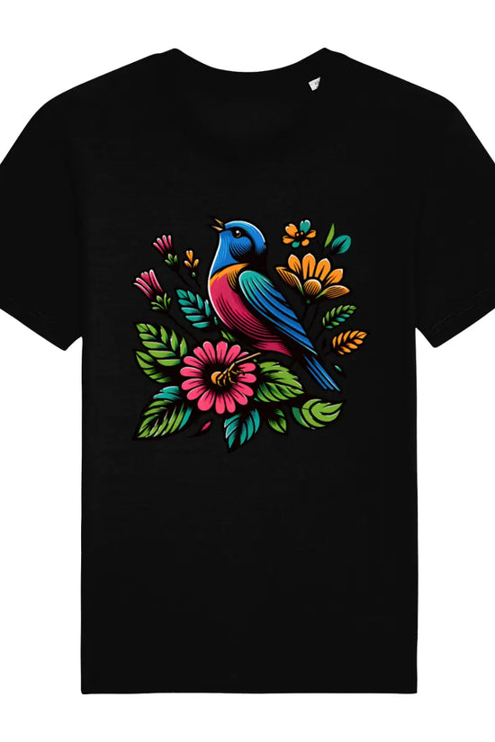 black t-shirt with a springtime bird