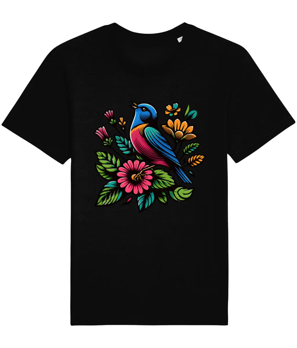 black t-shirt with a springtime bird