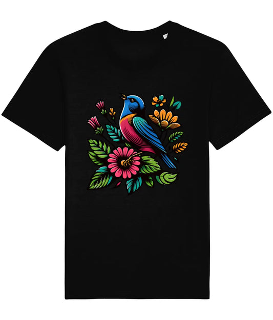 black t-shirt with a springtime bird