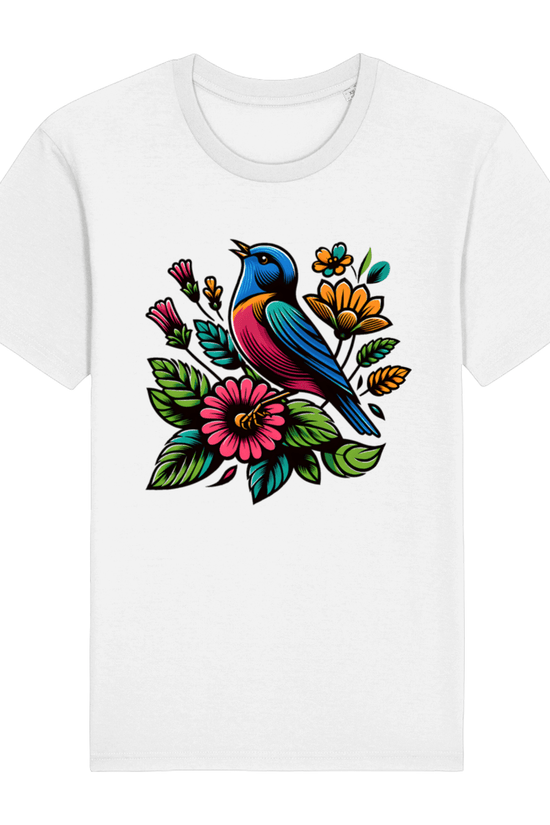 white t-shirt with a springtime bird