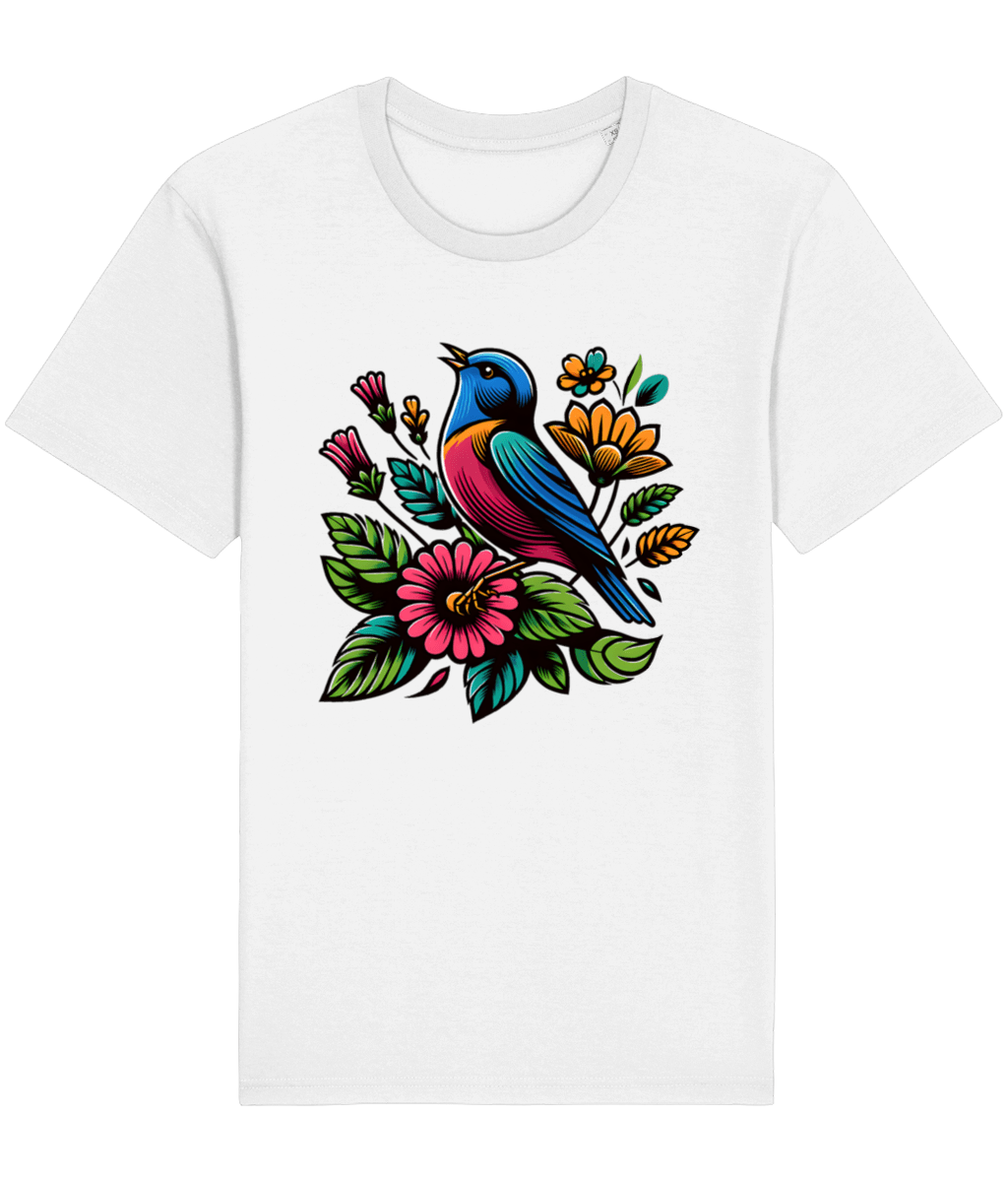 white t-shirt with a springtime bird