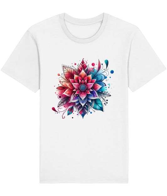 white t-shirt with a mandala bloom flower