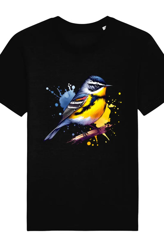 black t-shirt with a colorful bird
