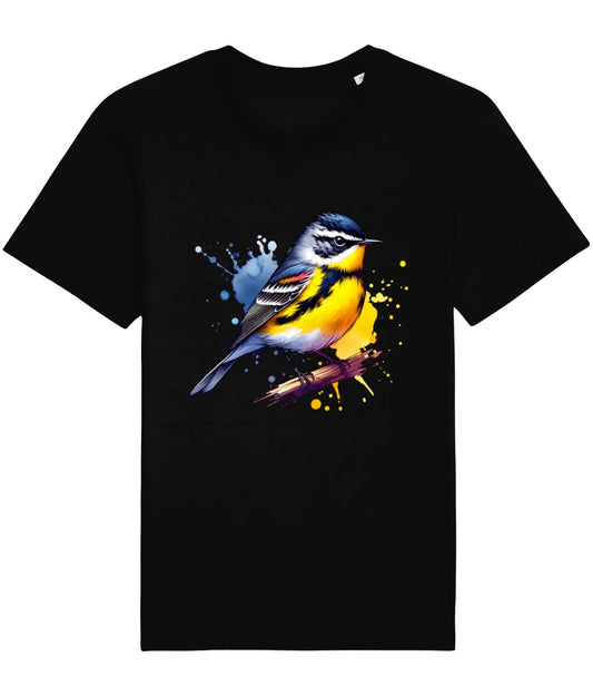 black t-shirt with a colorful bird