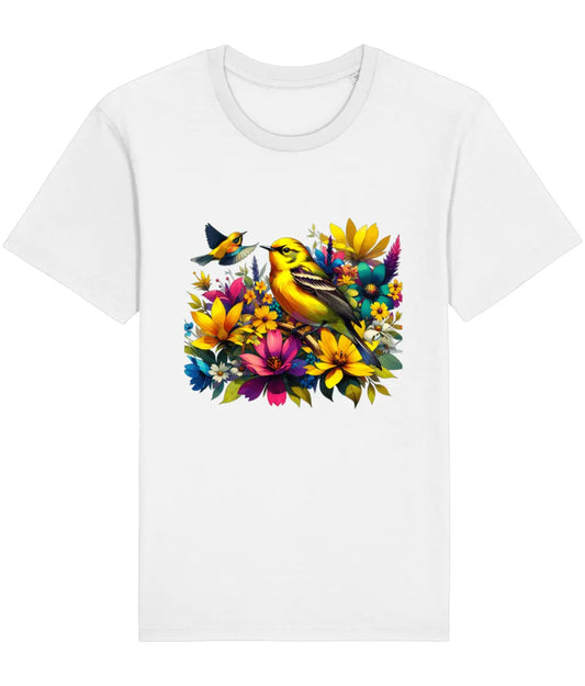 white t-shirt with a sunlit harmony of birds