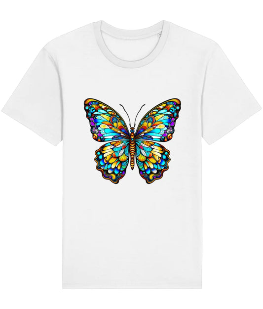 white t-shirt with a kaleidoscope butterfly