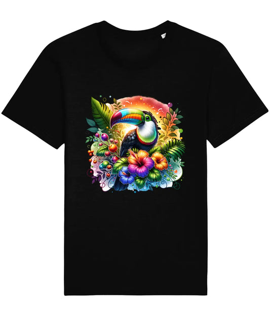 black t-shirt with a floral toucan