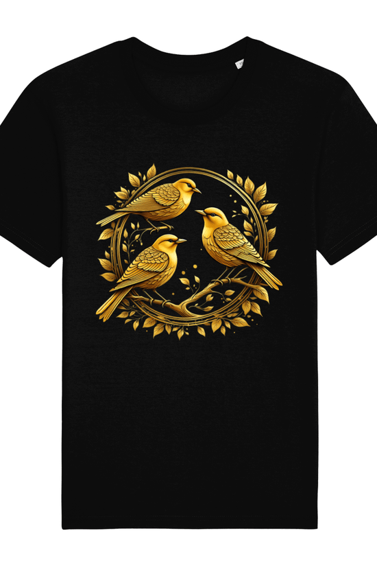 black t-shirt with 3 golden birds