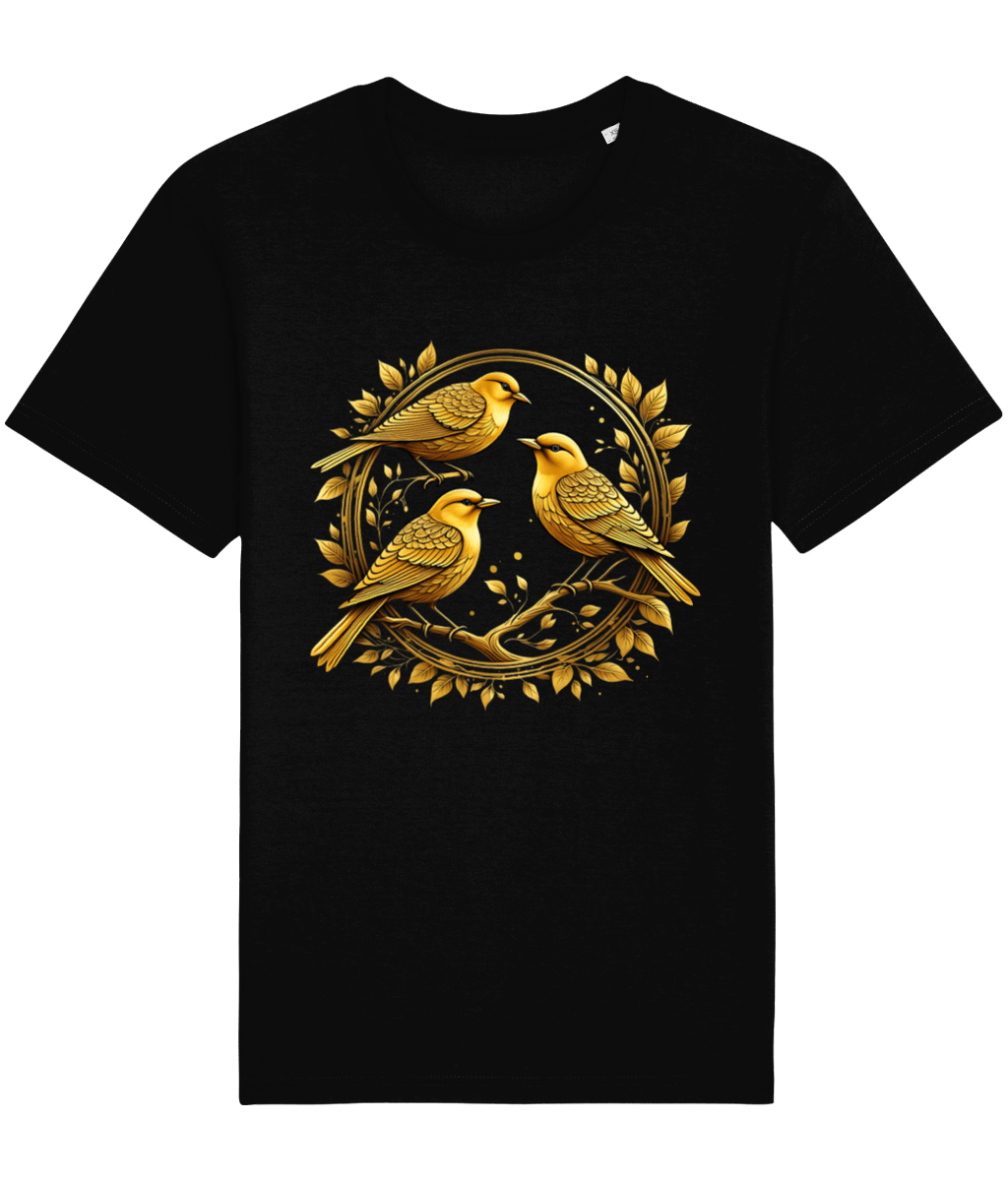 black t-shirt with 3 golden birds