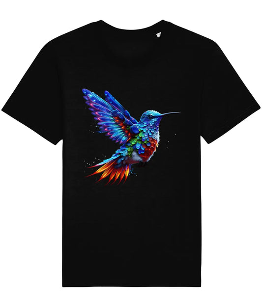 black t-shirt with a hummingbird