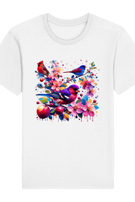 white t-shirt with a colorful serenade of birds