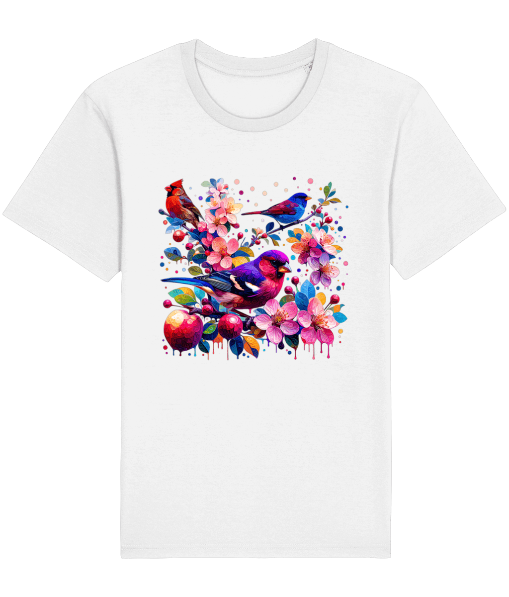 white t-shirt with a colorful serenade of birds
