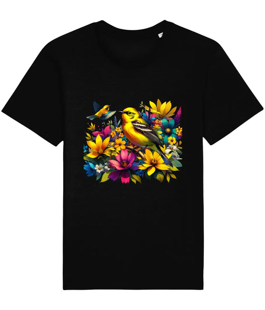 black t-shirt with a sunlit harmony of birds