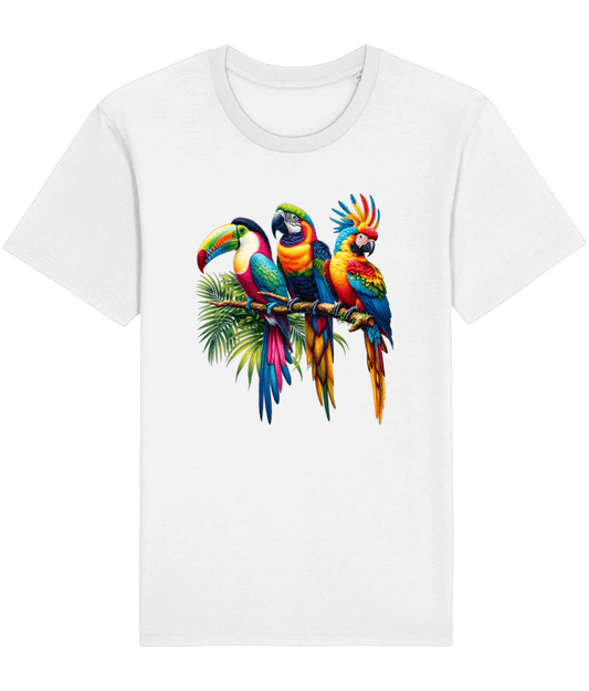 white t-shirt with 3 tropical birds