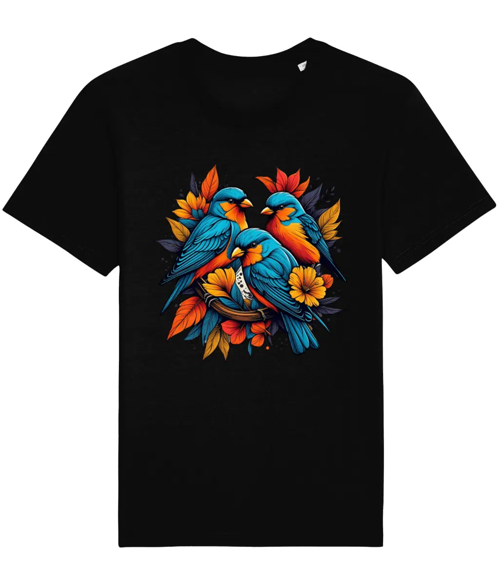 black t-shirt with 3 birds